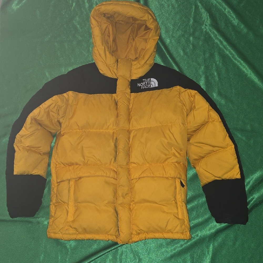 The North Face Mustard Yellow and Black Hooded Puffer Coat